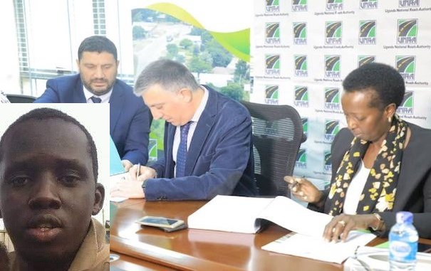 Polatyol officials signing a contract with UNRA ED Allen Kagina in 2019. Inset is Titus Aleper