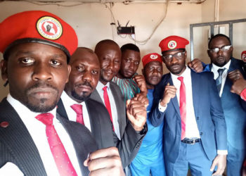 Bobi Wine with other People Power leaders at Kasangati Police Station earlier today