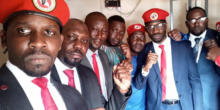 Bobi Wine with other People Power leaders at Kasangati Police Station earlier today