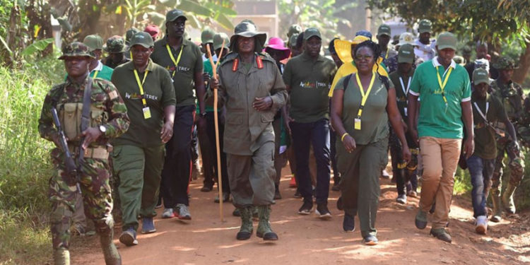 President Yoweri Museveni walking with his supporters during the ‘Afrika Kwetu’ trek