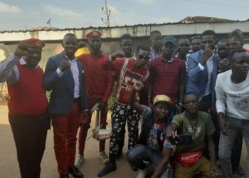 Bobi Wine (third from right) standing with youth from Karamoja, from left is Chairman Nyanzi and Joel Ssenyonyi the People Power spokesman