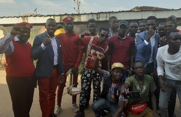 Bobi Wine (third from right) standing with youth from Karamoja, from left is Chairman Nyanzi and Joel Ssenyonyi the People Power spokesman