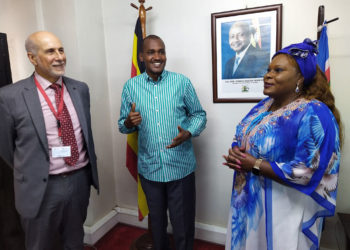 Minister Frank Tumwebaze after meeting the EU Ambassador Attilio Pacifici and the UN Resident Coordinator Rosa Malango on Thursday