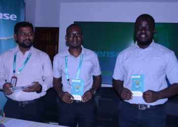 L-R: Mr Hisense Uganda Sales & Marketing Manager Moin Mohammed, Patrick Sande, Hisense Uganda Head Office Showroom Manager and Ivan Kakembo, the Assistant Marketing manager