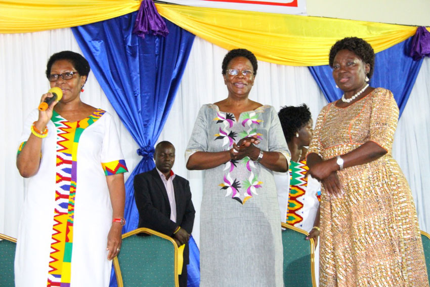 Speaker Kadaga [right] at Greenhill Schools Women's Day Celebrations on Friday