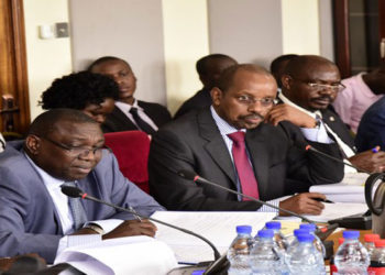 The Accountant General, Lawrence Semakula( L) and Secretary to the Treasury, Keith Muhakanizi (to his left) appearing before PAC-Central
