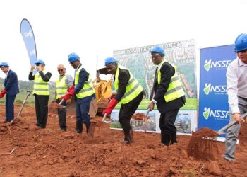 Richard Byarugaba, the NSSF MD (Centre) during the ground breaking of the Lubowa housing project