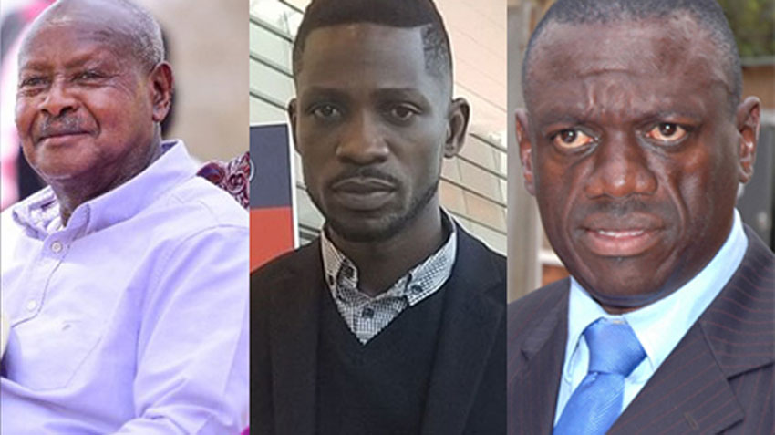 L-R: President Yoweri Museveni, Bobi Wine and Dr Kizza Besigye