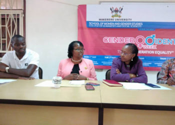 Associate Professor Consolata Kabonesa, the principal investigator of the Gender Mainstreaming project [m] and Associate Professor Sarah Ssali, the Dean School of Women and Gender [r] addressing the media on Saturday