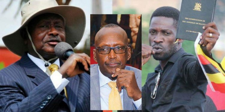 L-R: President Museveni, Gen Tumukunde and Bobi Wine