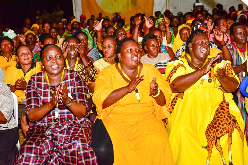 Women cheering during the closing ceremony of the NRM National Women League Leadership course at Nyondo Core PTC campus Mbale on March 7, 2020. Photo by PPU / Tony Rujuta