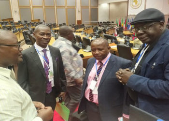 Committee Clerk Boniface Habana (left), Pan African Parliament MPs, Hon. James Kakooza (Uganda), Hon. Pupurai Togarepi (Zimbabwe) and Hon. Djibril War (Senegal) during the online child sexual exploitation workshop in Midrand, South Africa.