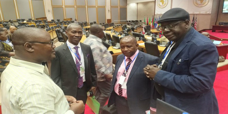 Committee Clerk Boniface Habana (left), Pan African Parliament MPs, Hon. James Kakooza (Uganda), Hon. Pupurai Togarepi (Zimbabwe) and Hon. Djibril War (Senegal) during the online child sexual exploitation workshop in Midrand, South Africa.