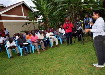 The head of State House Anti-Corruption Unit Lt Col Edith Nakalema talking to residents of Ntawo Village in Mukono district on March 6, 2020. Photo by PPU / Tony Rujuta.