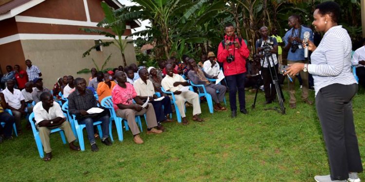 The head of State House Anti-Corruption Unit Lt Col Edith Nakalema talking to residents of Ntawo Village in Mukono district on March 6, 2020. Photo by PPU / Tony Rujuta.