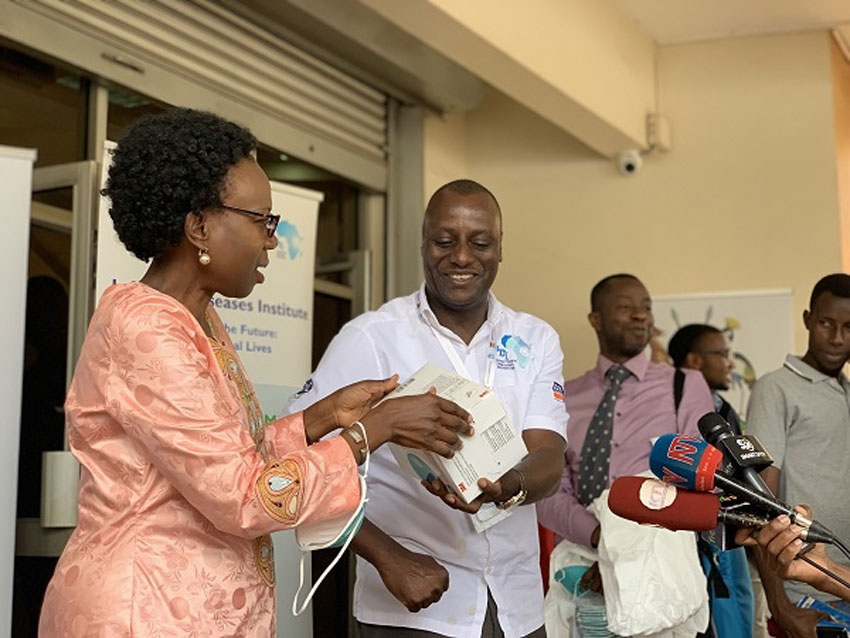 Health Minister Jane Ruth Aceng receiving the medical supplies and equipment for coronavirus