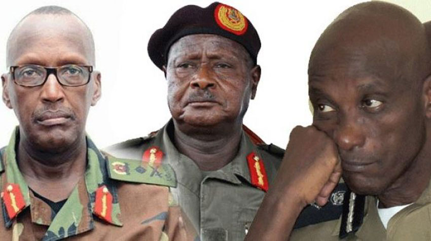 L-R: Gen Henry Tumukunde, President Museveni and Gen Kayihura