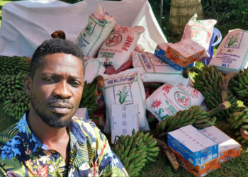 Bobi Wine with his rejected food relief