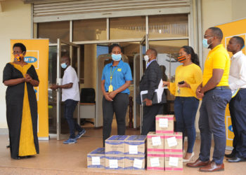 Dr Diana Atwiine, Ministry of health and MTN officials during the handover ceremony at the Ministry of Health Headquarters