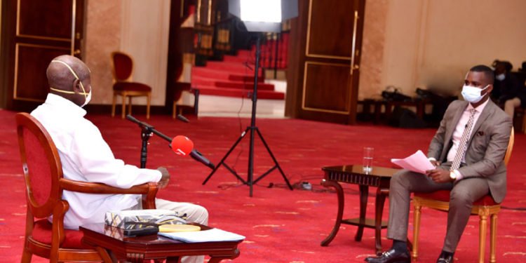 President Yoweri Museveni and NBS' Canary Mugume during an interview on Monday