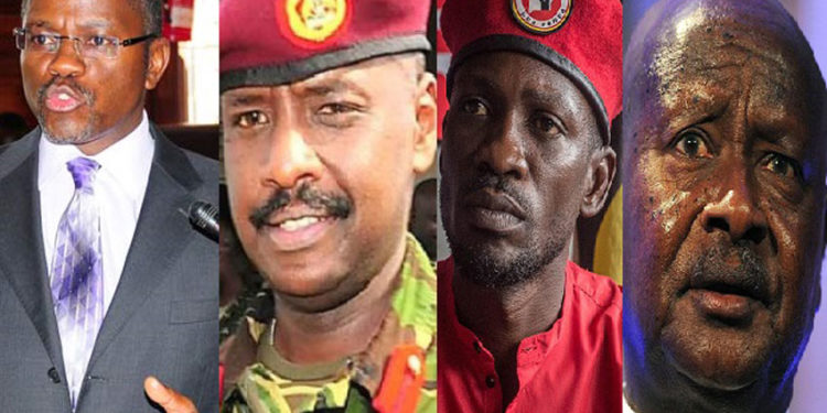 L-R: Katikkiro Charles Peter Mayiga, Gen Muhoozi Kainerugaba, Bobi Wine and President Yoweri Museveni