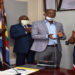 Deputy Speaker, Jacob Oulanyah (left) presides over the installation of Sheila Naturinda (right) as President of the Rotary Club of Kampala Central. PDG Ken Mugisha installed Naturinda. (2nd left) is Charles Lwanga Kiiza, the outgoing President of the Club