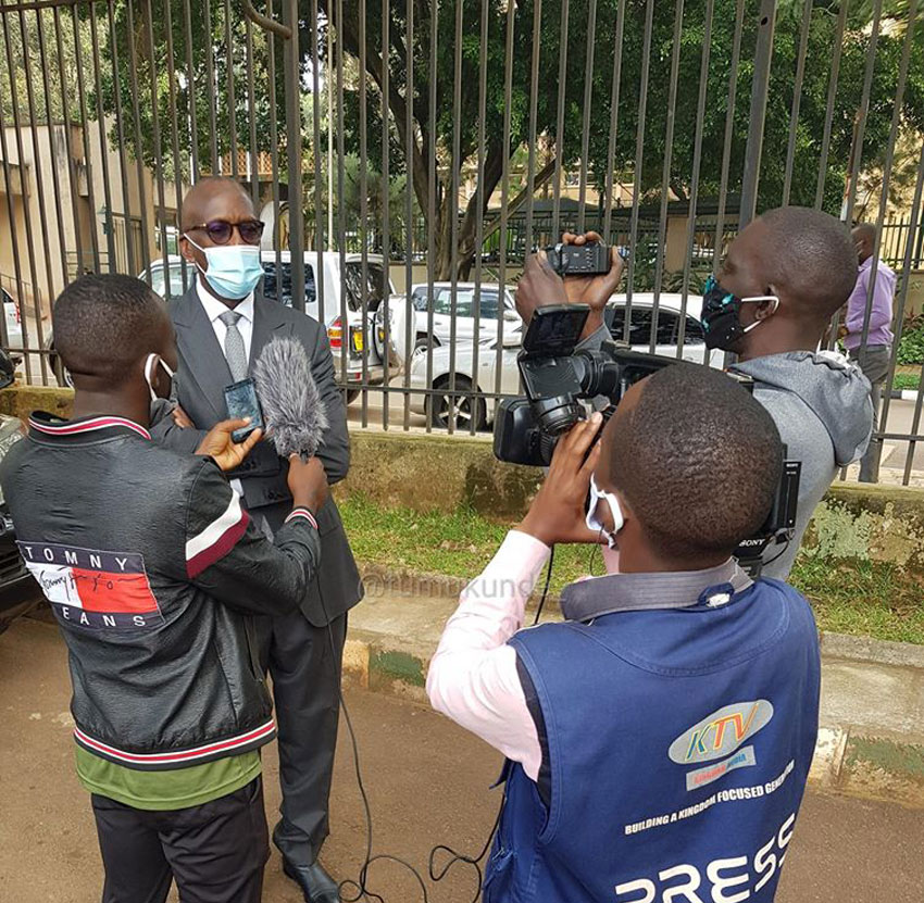 Gen Tumukunde speaking to journalists after the court session on Monday