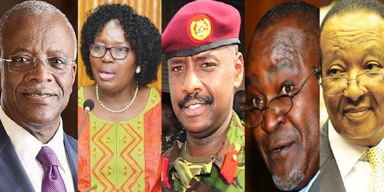 L-R: Amama Mbabazi, Rebecca Kadaga, Muhoozi Kainerugaba, Gilbert Bukenya and the late Apolo Nsibambi