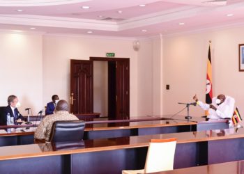 President Yoweri Kaguta Museveni in a meeting  with the German ambassador to Uganda, Albrecht Conze together withn the Foreign Affairs State Minister Okello Oryem at State House in Entebbe 2020.