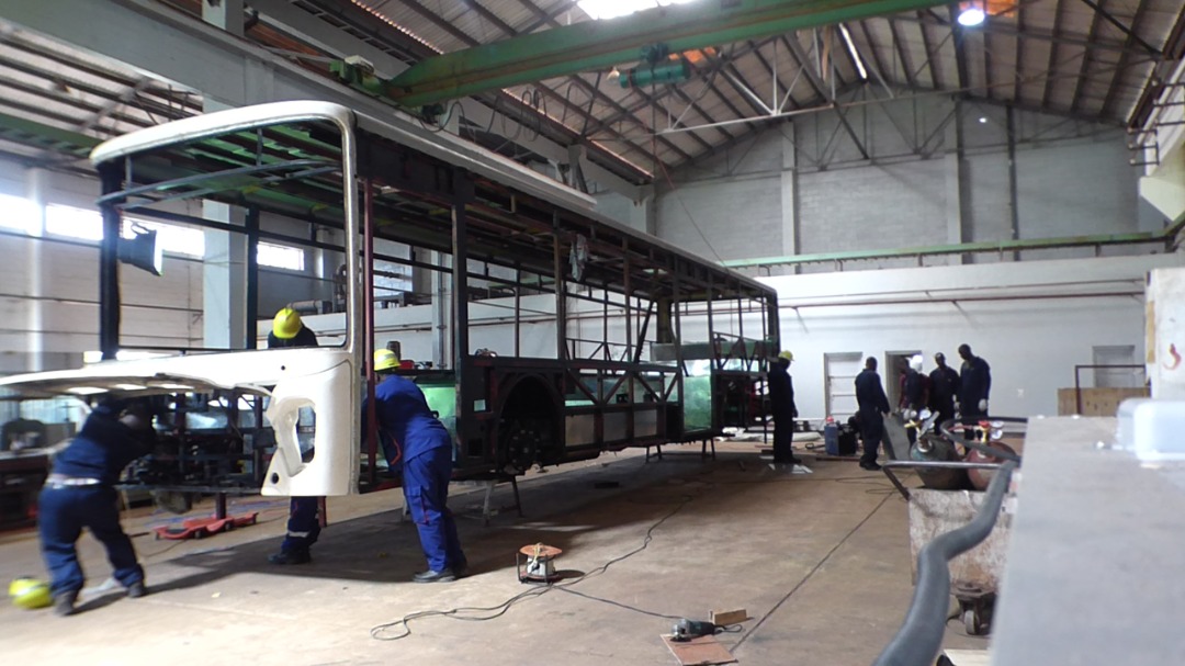 Kiira Motors engineers working on the Kayoola EVS Bus at Luweero Industries in Nakasongola Baracks