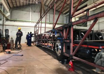 Kiira Motors engineers working on the Kayoola EVS Bus at Luweero Industries in Nakasongola Baracks