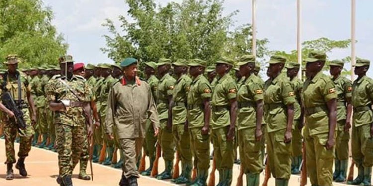 President Museveni inspects a parade during the pass out of 6,239 Local Defence Unit (LDU) trainees at Kaweweta Military Training School on March 15, 2019