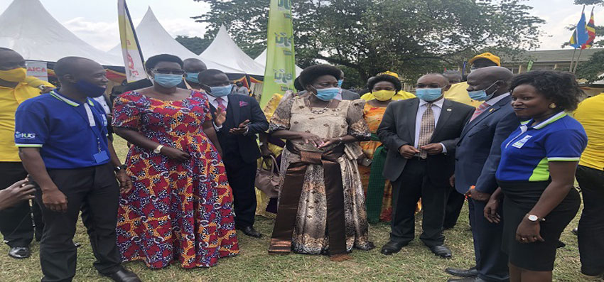 Speaker Kadaga (C) accompanied by Local Govt Minister, Raphael Magyezi on her left at the inauguration of Soroti City