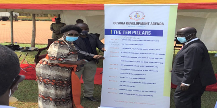 The Vice President, H.E. Edward Ssekandi (R) and Speaker Rebecca Kadaga at the launch of the development agenda in Jinja Town