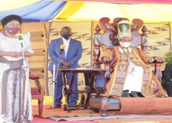 Speaker Kadaga(L) speaking during the coronation celebrations in Jinja