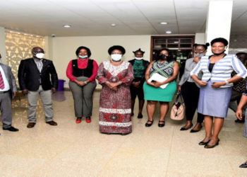 Speaker Rebecca Kadaga (C), Hon. Lyandro Komakech (3rd, Left) after meetng the LASPNET delegation over the Legal Aid Bill in Parliament