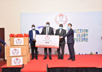 From Left to Right: Dr. Justus Kwetegeka, Dean Kyambogo, Hon. Bagirre Vicent Waiswa, Permanent Secretary Ministry of ICT and National Guidance, Prof John Chresestom Maviri, VC Uganda Martrys Nkozi University and Mr. Gaofei, Huawei MD with a demo of the donated equipment