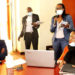 L-R: The Research Team; Dr. Rosemary Emegu Isoto (PI), Prof. Bernard Bashaasha (Co-PI and Principal, CAES), Ms. Caroline Kamugira and Ms. Noreen Munabi Nkuraija engage with stakeholders during the dissemination on 14th October 2020, Conference Hall, SFTNB, CAES, Makerere University, Kampala Uganda.