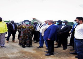 The Speaker (C) and state minister for works, Hon. Peter Lokeris (L), being briefed on the status of the Tirinyi-Pallisa Road works