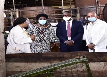 The Speaker (2nd L) and the Kyabazinga on her left on a tour of the factory