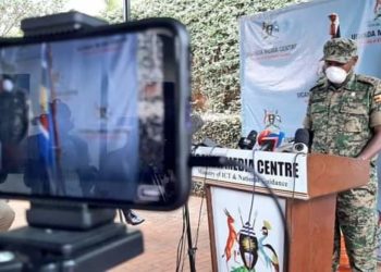 Lt Col Deo Akiiki addressing media at Uganda Media Centre on Friday