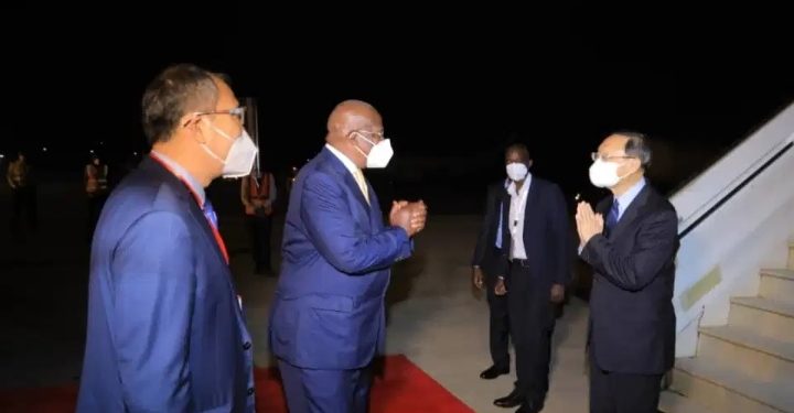 Minister Kutesa welcoming HE Yang Jiechi At Entebbe Airport