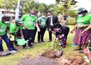 Speaker Rebecca Kadaga (C) planting a tree at Parliament during the launch of the initiative to plant 200 million trees by 2025