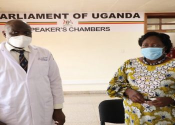 The Speaker, Rebecca kadaga(R) with Dr Epodoi after a meeting with the medical team from Soroti Hospital