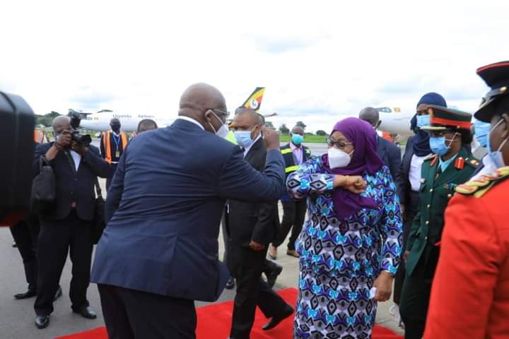 Tanzania President Saluhu being received by Minister Sam Kutesa at Entebbe Airport