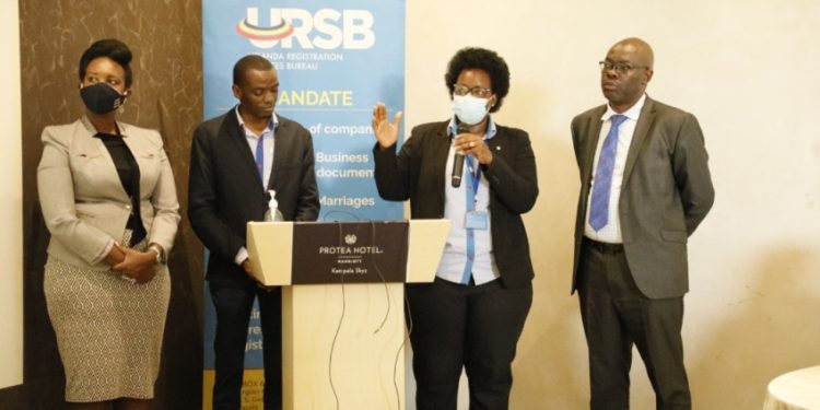 L-R Uganda Law Society President, Pheona Wall, Gilbert Agaba Director Intellectual Property, Mercy Kainobwisho, Registrar General & Paul Asiimwe of Sipi Law Firm during the launch of URSB's Journal.
