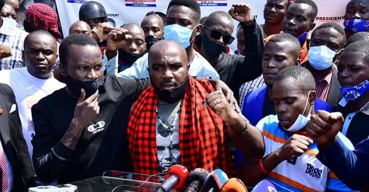 Bobi Wine and his released supporters on Monday