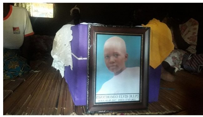 A casket containing the remains of Elvis Rwothomio... Courtesy photo