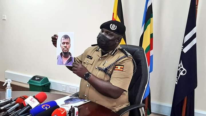 Police Spokesperson Fred Enanga displays face of Huzaifa Wampa alias Kanaabe