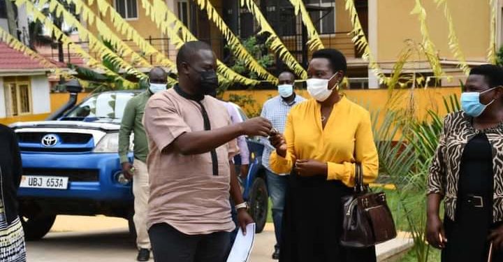 NRM SG Richard Todwong and Rosemary Sseninde at the party headquarters in Kampala on Thursday